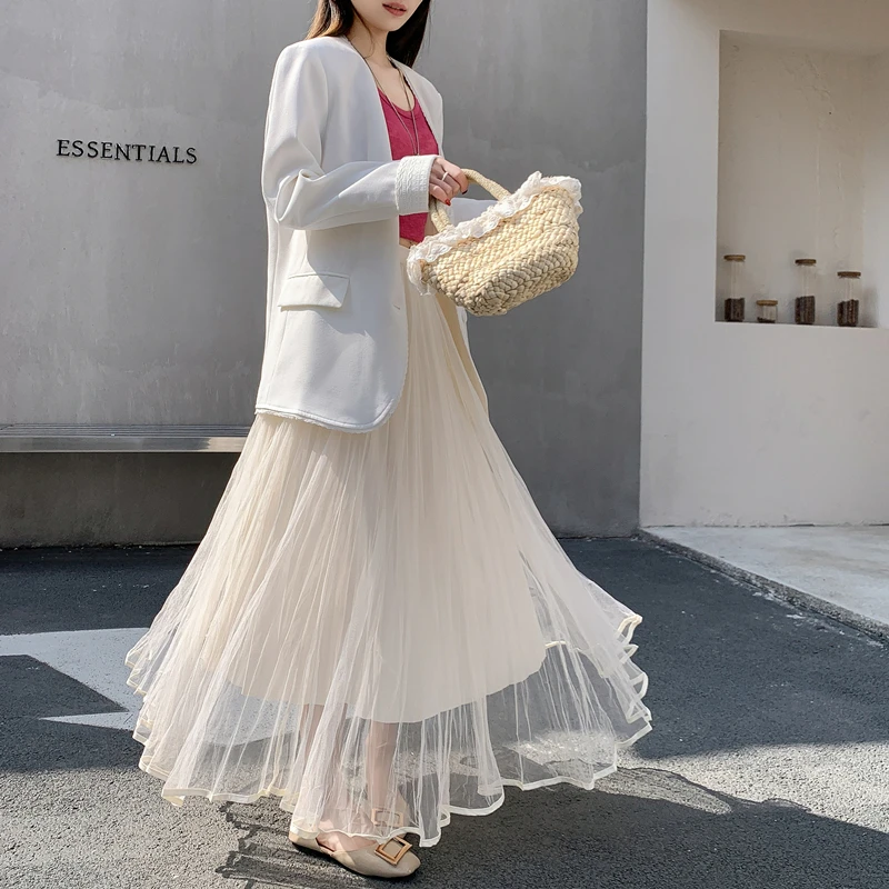 

Korean Sle f Skirt with Me Splicing Women's A-Line Pleated Skirt Elastic Waist Slimming Spring New Sle Versatile