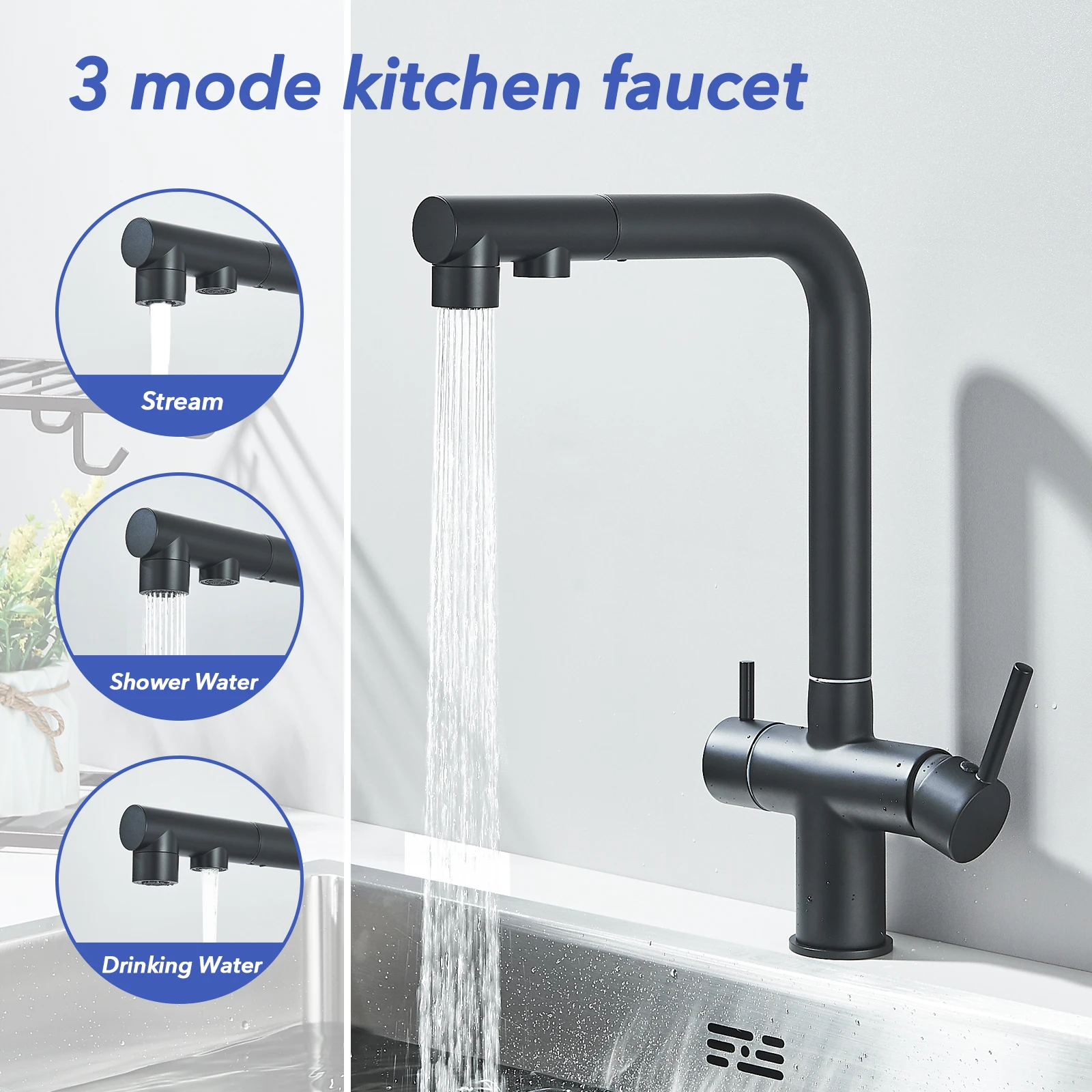 Matte Black Pulling Filter Kitchen Faucet Hot & Cold Water Mixer Dual Mode Filtration Purification Kitchen Sinks 360 Rotation