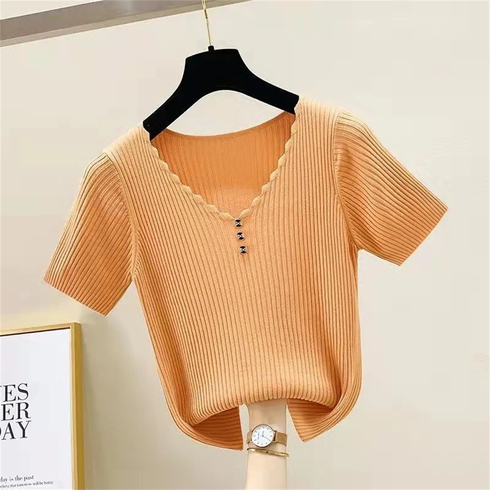 Women\'s Summer New Style Short Sleeve Vest Loose Buttons Pullover V-neck Short Sleeve Vest High Elasticity Comfortable Slim Vest