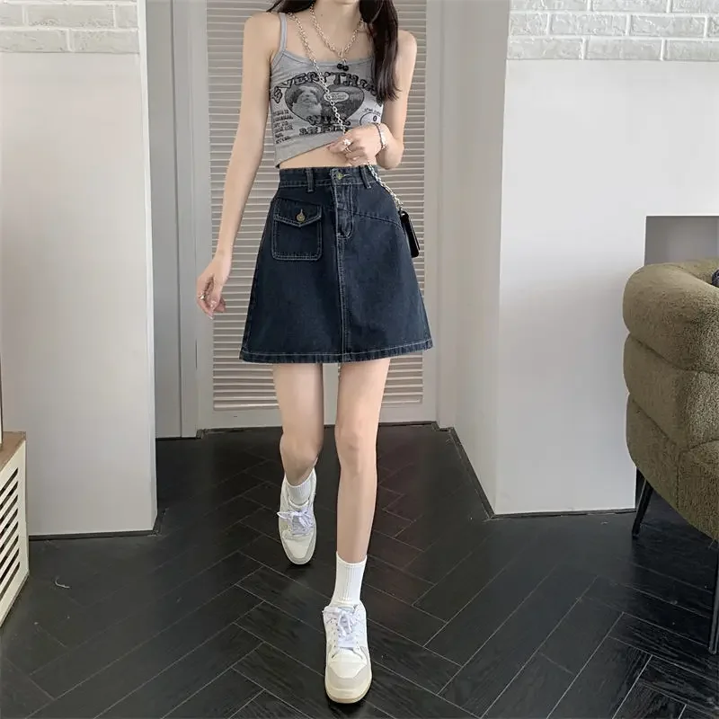 

Stylish With Pocket Short Female Jeans Skirts Chic and Elegant Aesthetic Y2k Vintage Streetwear High Quality Women's Denim Skirt