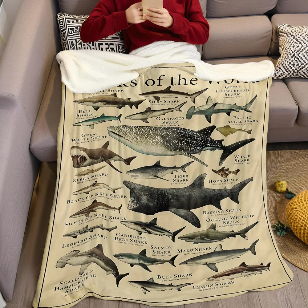Vintage Shark Chart Flannel Blanket Warm Soft Halloween Christmas Couch Warm Cozy Decorative Decor Gift for All Season