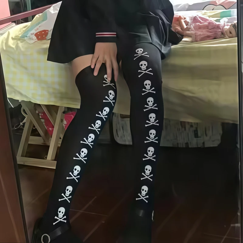 

Dark Style Women Nurse Maid Thigh High Stockings Bat Bone Skull Patterend Halloween Cosplay Socks JK Lolita Student Leg Warmers