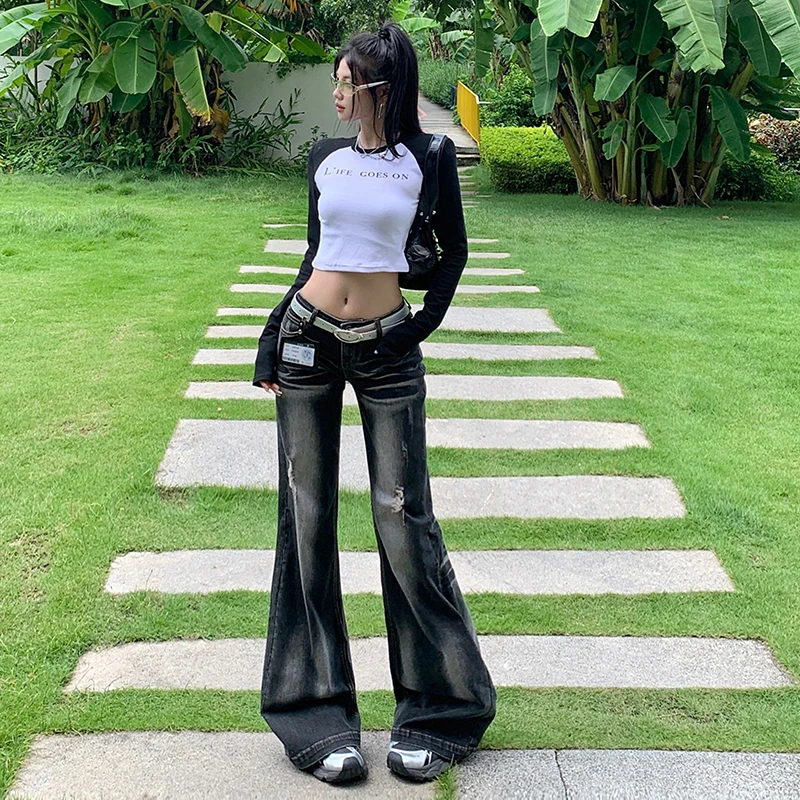 

Американские джинсы-клеш с эффектом потертости, низкой посадкой, черные/серые, облегающие, длинные