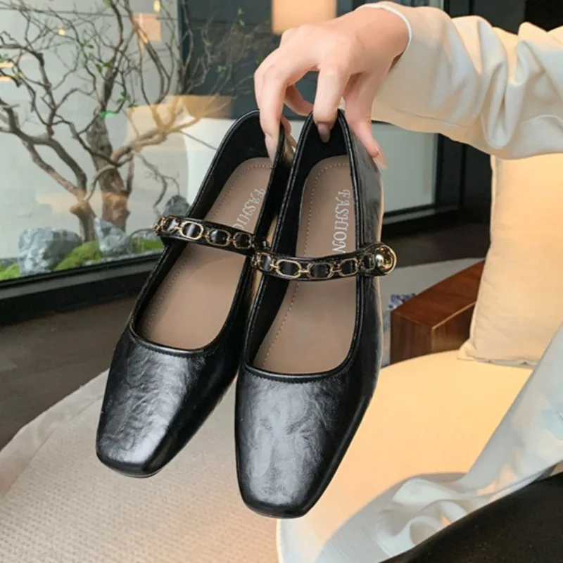 Women Fashion Single Shoes Chain Strap Mary Jane Flats Vintage Square Toe Hand Wrinkle Leather Slip on Dress Shoes Zapatos Mujer