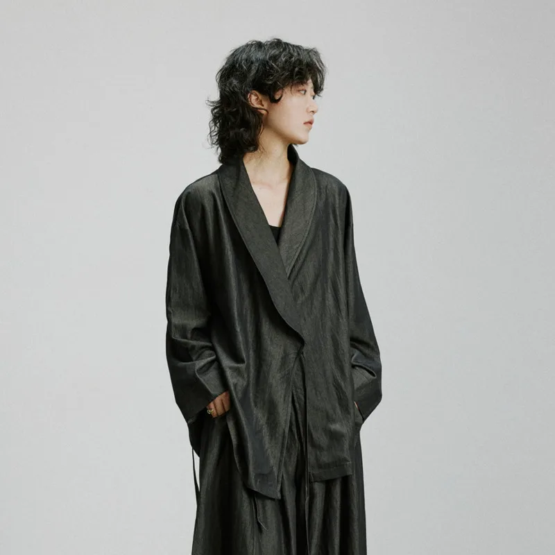 WVGA Spring Autumn New Men's Chinese Style Diagonal Collar Tie-Up Trendy Long Sleeve Shirt Niche Chic Mid-Length Tops Ins W27190