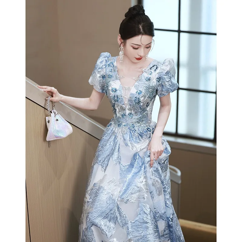 

Blue Evening Dress High-end 2025 New Fashion Sexy Deep V-neck Short-sleeved A-line Formal Dress Women Elegant Party Dresses