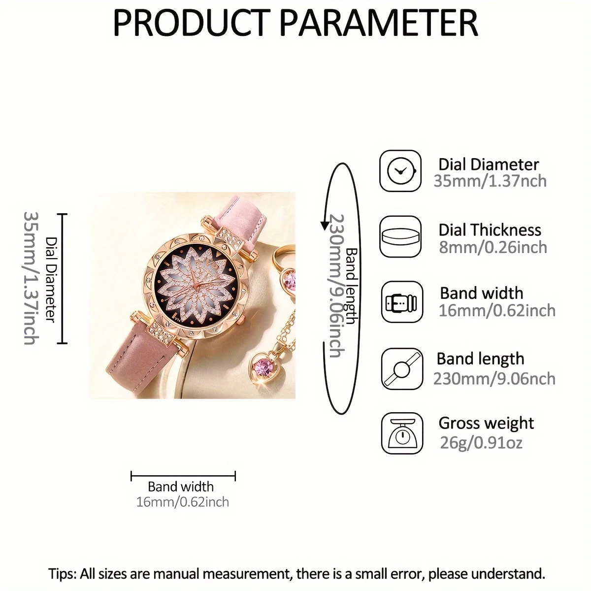 女性用クォーツ時計,PUレザー,合金ポインター,ジュエリーセット,ママ,ガールフレンドへの素晴らしいギフト,7個