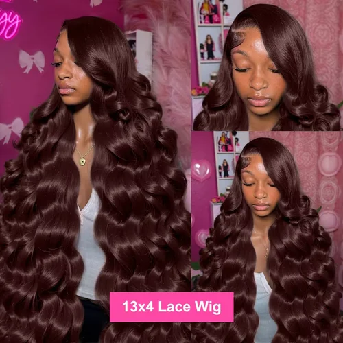 Imagen 2 del producto Pelucas delanteras de encaje 13x6 de color marrón Chocolate ondulado, cabello humano prearrancado, cabello virgen brasileño marrón, peluca Frontal HD 13x4 de densidad 230