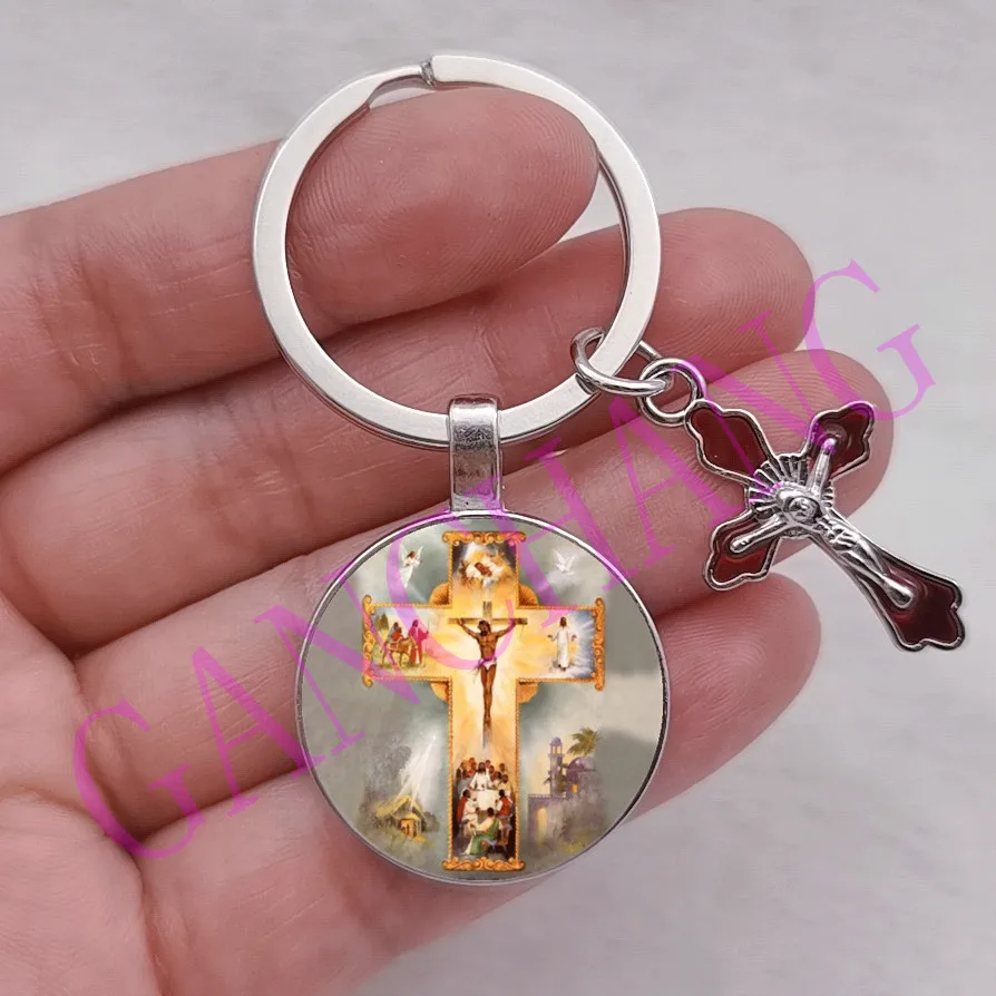 Religious Madonna Glass Round keychain Christian Cross Bohemia Religious Pendant keyring Men For Women Charm Jewelry Gifts