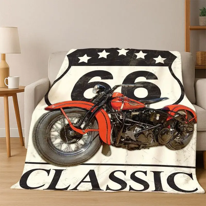 Retro Route66 America Mother Road Sign Flannel Blanket Soft Warm Throw Blanket for Bedroom Living Room Bed Travel Camping Picnic