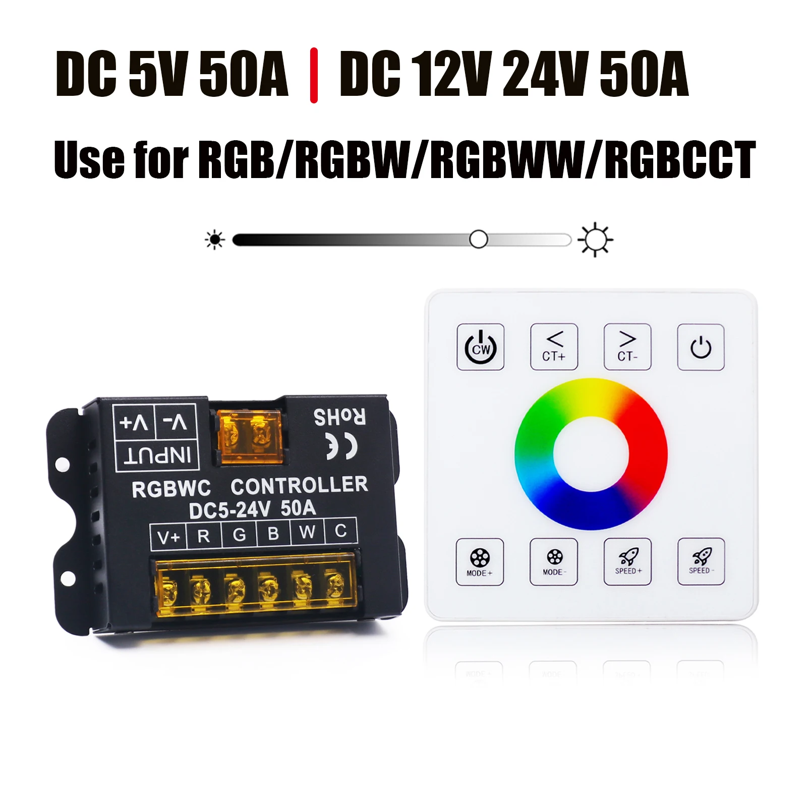 

DC 12-24V 50A 600W 5V 250W RGB/RGBW/RGBWW/RGBCCT LED Strip Controller With RF Touch Remote