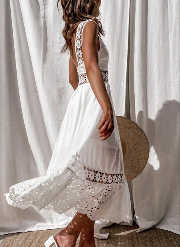 Women\'s Dress White Hollow Out Cotton Sundress Lace Sleeveless Long Splicing Summer Party Elegant Evening Woman Clothing