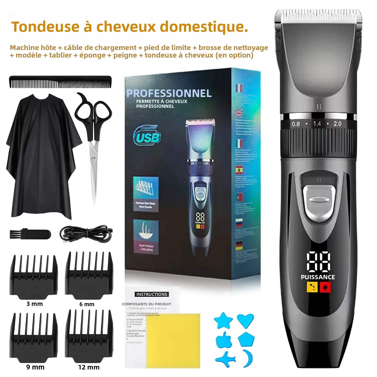 Ensemble de tondeuse à cheveux électrique domestique professionnelle avec affichage numérique, charge rapide USB, lames en céramique et longue durée de vie de la batterie