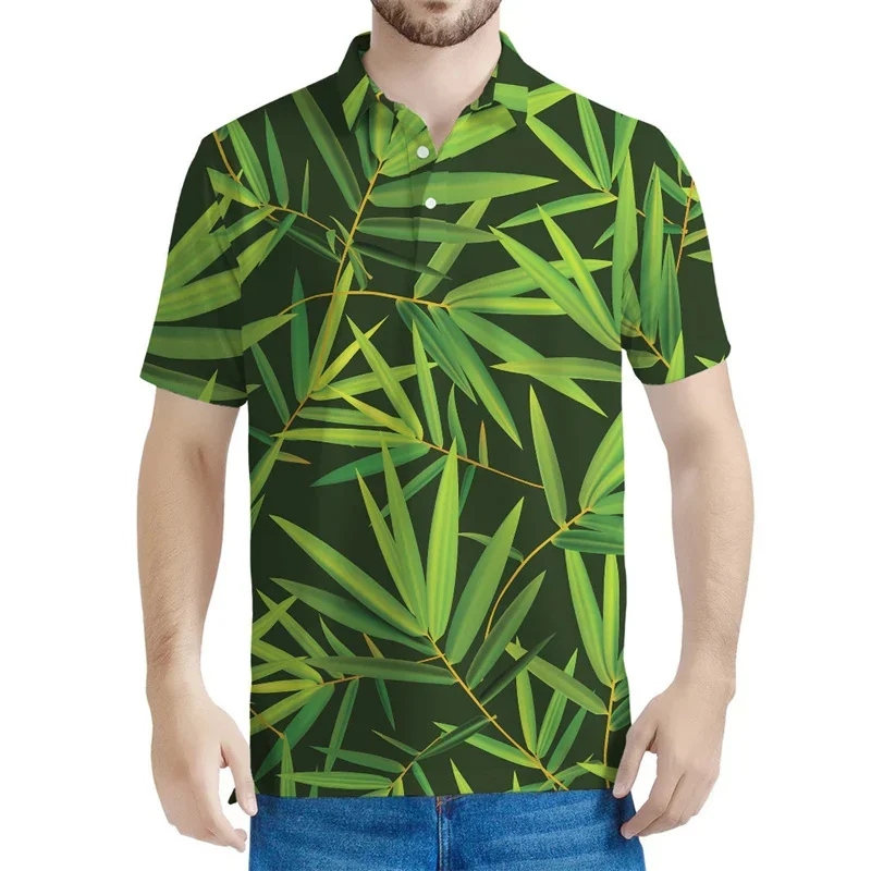 3D Printed Green Plants Polo Shirt For Men Leaf Pattern Tees Fashion Summer Street Short Sleeves Button Tops Casual Lapel Shirts