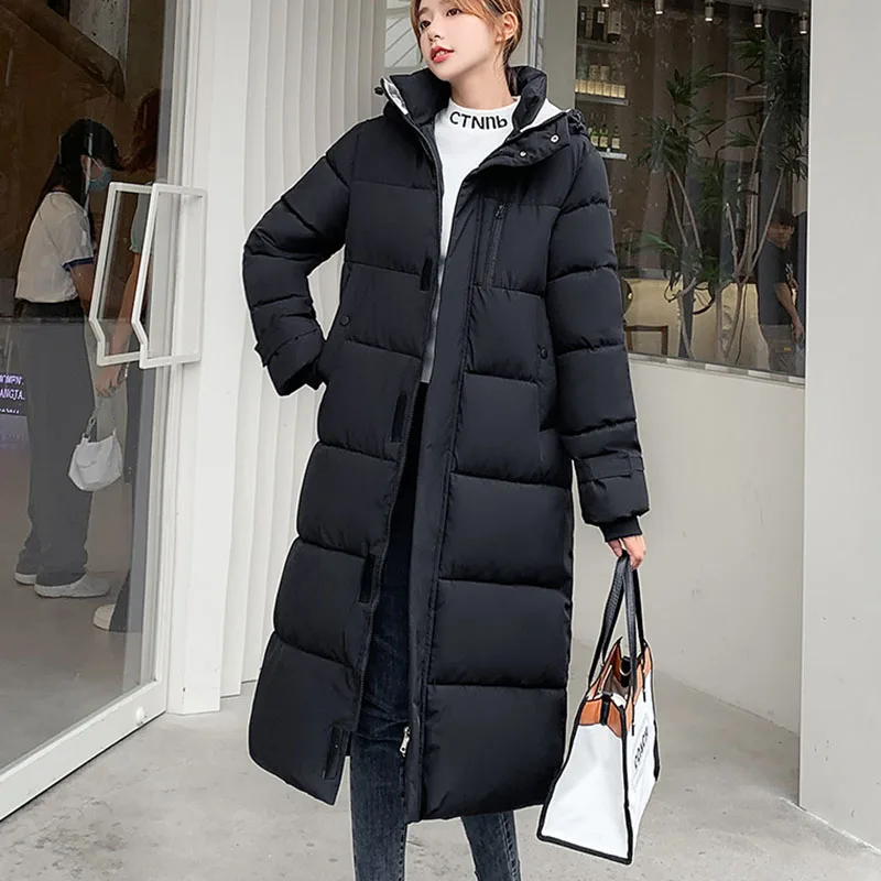 Płaszcz Zimowy Ciepły z Kapturem Damska Kurtka Watowana Bawełną 2025 Nowa Moda Jednolity Kolor Temperament Damska Kurtka Puchowa Bawełniana H363