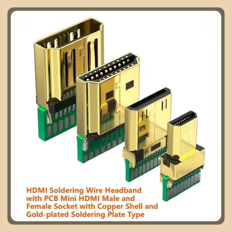 Mini HDMI Male to Female Soldering Wire Headband with PCB Copper Shell Gold-Plated Soldering Plate Type for Audio Video Connecti