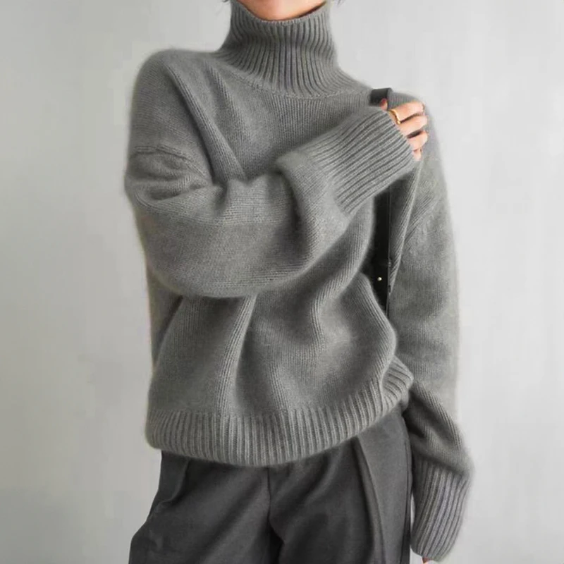 

Turtleneck Sweater for Women Loose Warm Pullover Casual Knitwear Essential Tops Basic Monochromatic Fashion Autumn Winter 2025