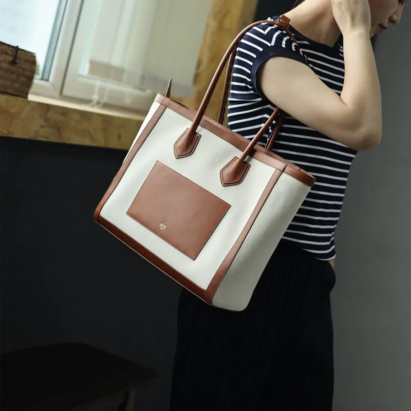 Women Large Capacity Tote Bag With Laptop Compartment Luxury Canvas With Cow Leather Shoulder HandBag For Work Zipper Closure