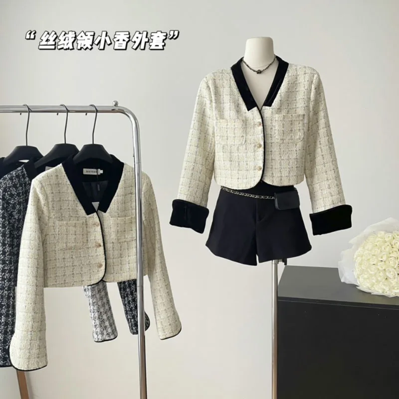 Plaid Vintage Patchwork Short Jacket Single Breasted Elegant  French Commuter Loose Short Coat