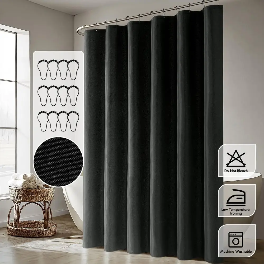 エクストラロングリネンシャワーカーテン、72x108、頑丈な12個のフック付き、防水性と洗濯機で洗える、バスルームやホテルでの使用に最適