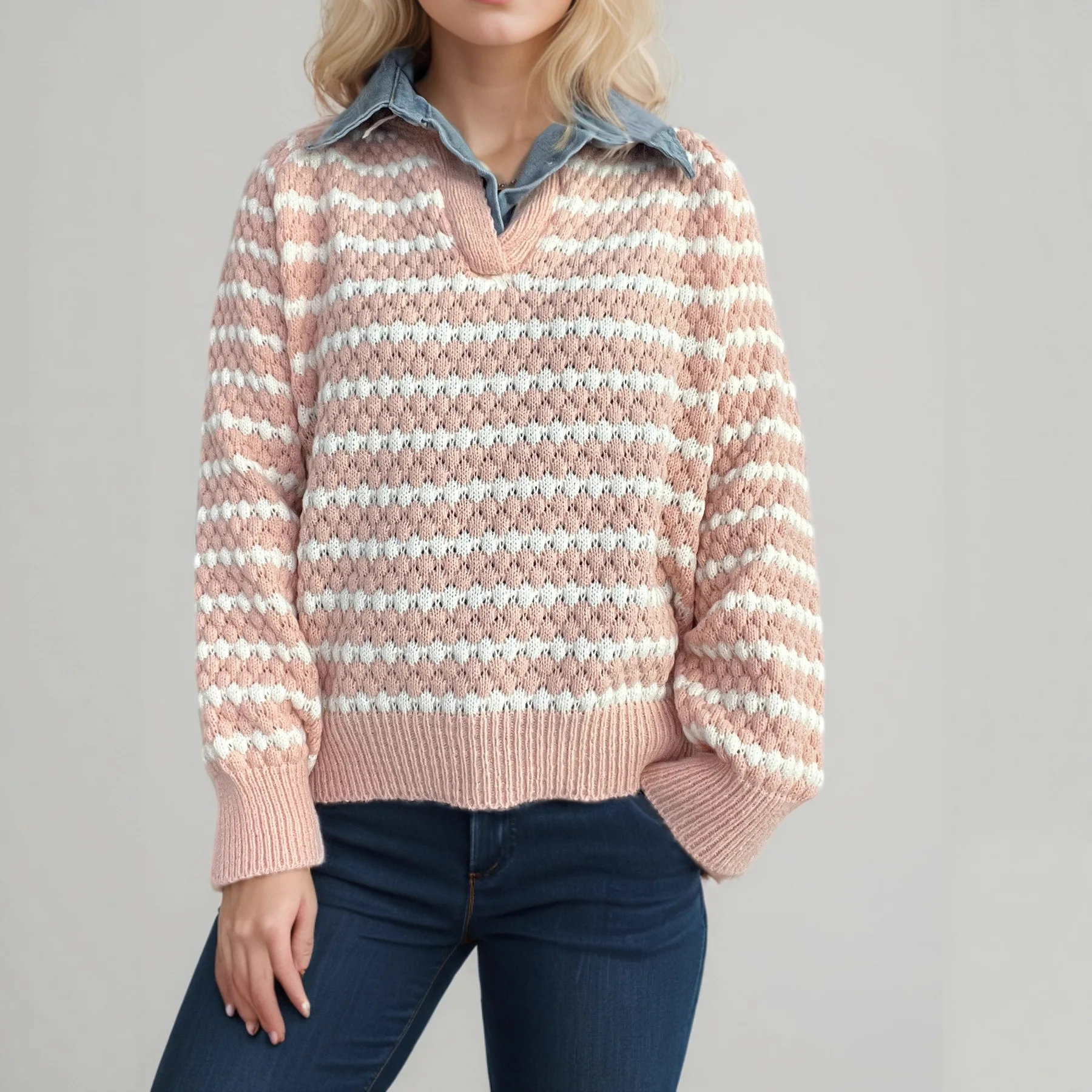 

2025 New Striped Knitted Top Patchwork Turn-Down Collar Vintage Casual Loose Fashion Women's Sweater