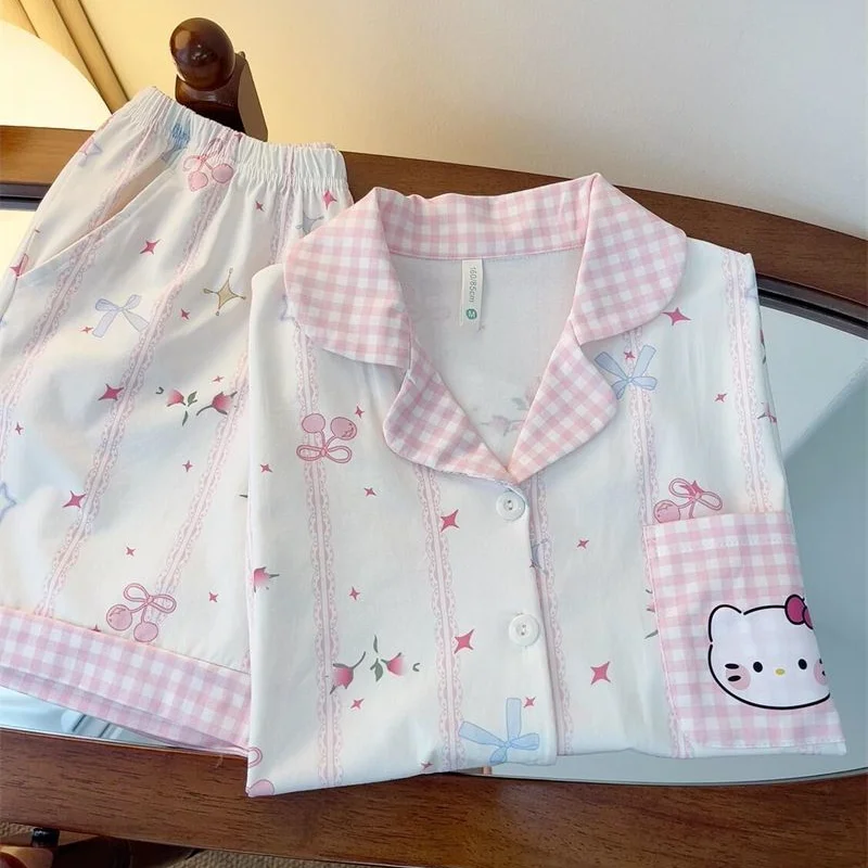 Sanrio Cute Pajamas Hello Kitty Pijama Y2K Shorts Short Sleeve Sleepwear Summer Nightwear Women's Pyjamas Home Clothes 2 Pieces