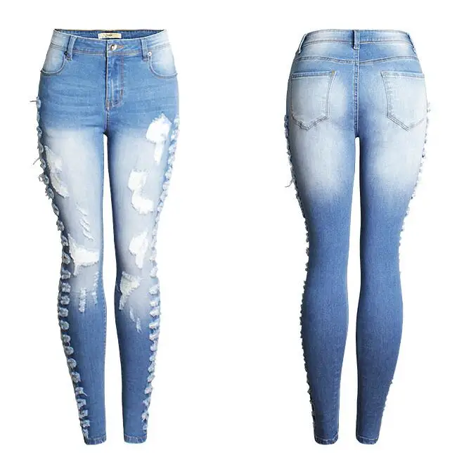 Mulheres Multi-buraco Stretch Skinny Jeans, Calças Lápis Perna Pequena, Calças Mendigo