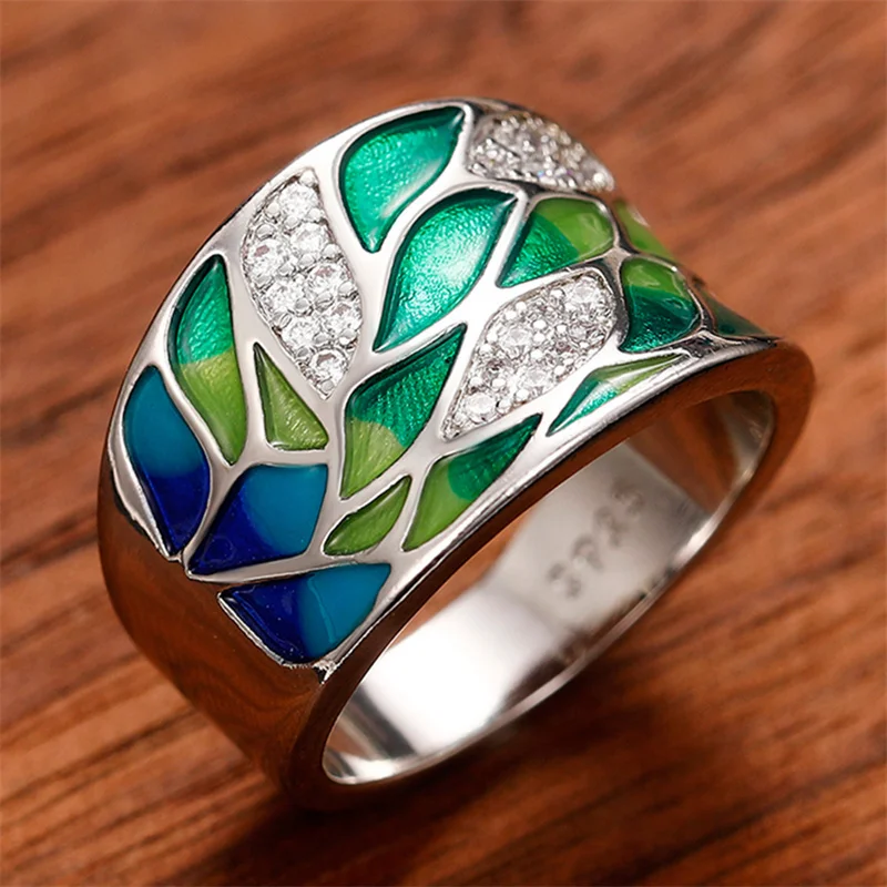 Green Leaf Enamel Handmade Oil Dropping Women's Ring Charm High Luxury Westernized  Prom Fancy Birthday Gift Fashion Jewelry