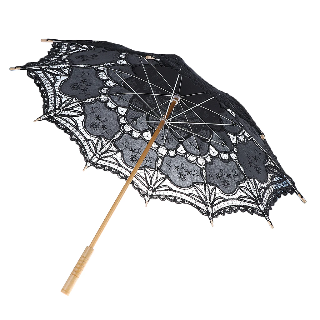 Lovoski Elegant Bride Wedding Umbrella Black Cotton Lace Embroidered Parasol