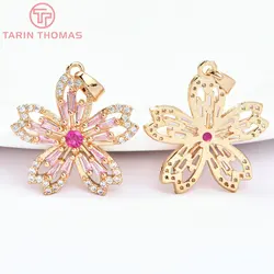 (7557) 2PCS 21.5x22.5MM 24K Gold Color Brass with Zircon Sakura Charms Pendants High Quality Jewelry Making Findings Accessories
