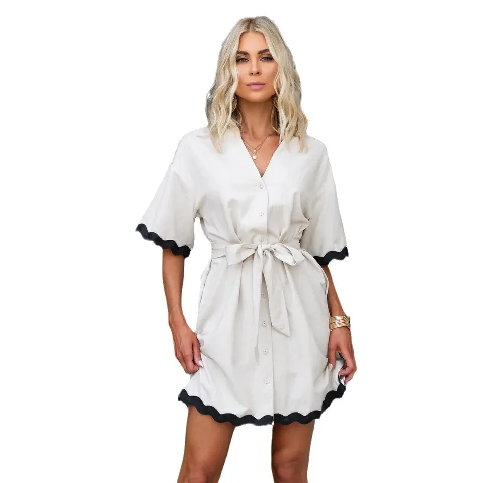 Europäische und amerikanische Damenbekleidung, neue einfarbige Fünf-Punkt-Ärmelgürtel, große Strickjacke mit V-Ausschnitt, lässiges Button-Down-Spitzenkleid