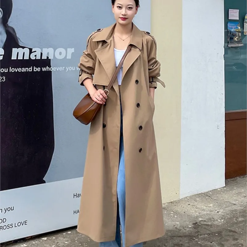 

Long Trench Coat Women's over-the-Knee Length New Korean Casual Khaki Elegant