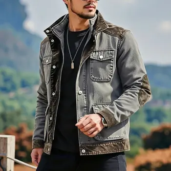 Spring Autumn Men's Vintage Style Denim Jackets Trend Patchwork Multi Pocket Casual Outwear Coat Male American Retro Chic Jacket 4