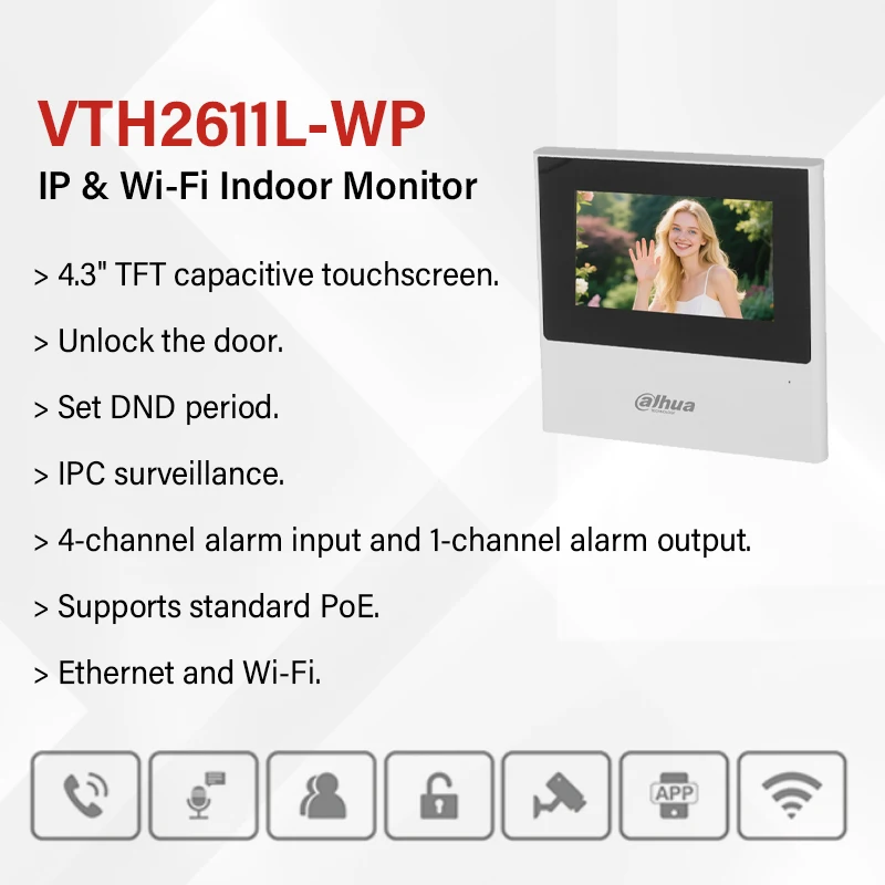 شاشة Dahua VTH2611L-WP IP & Wi-Fi داخلية 4.3 بوصة فيديو إنترفون PoE شاشة IPC تطبيق مراقبة ثنائي الاتجاه مع منفذ إيثرنت