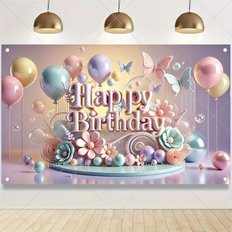 Cartoon Happy Birthday Background Cloth 3D Balloon Flower Butterfly Party Background Decoration Photography Scene Layout