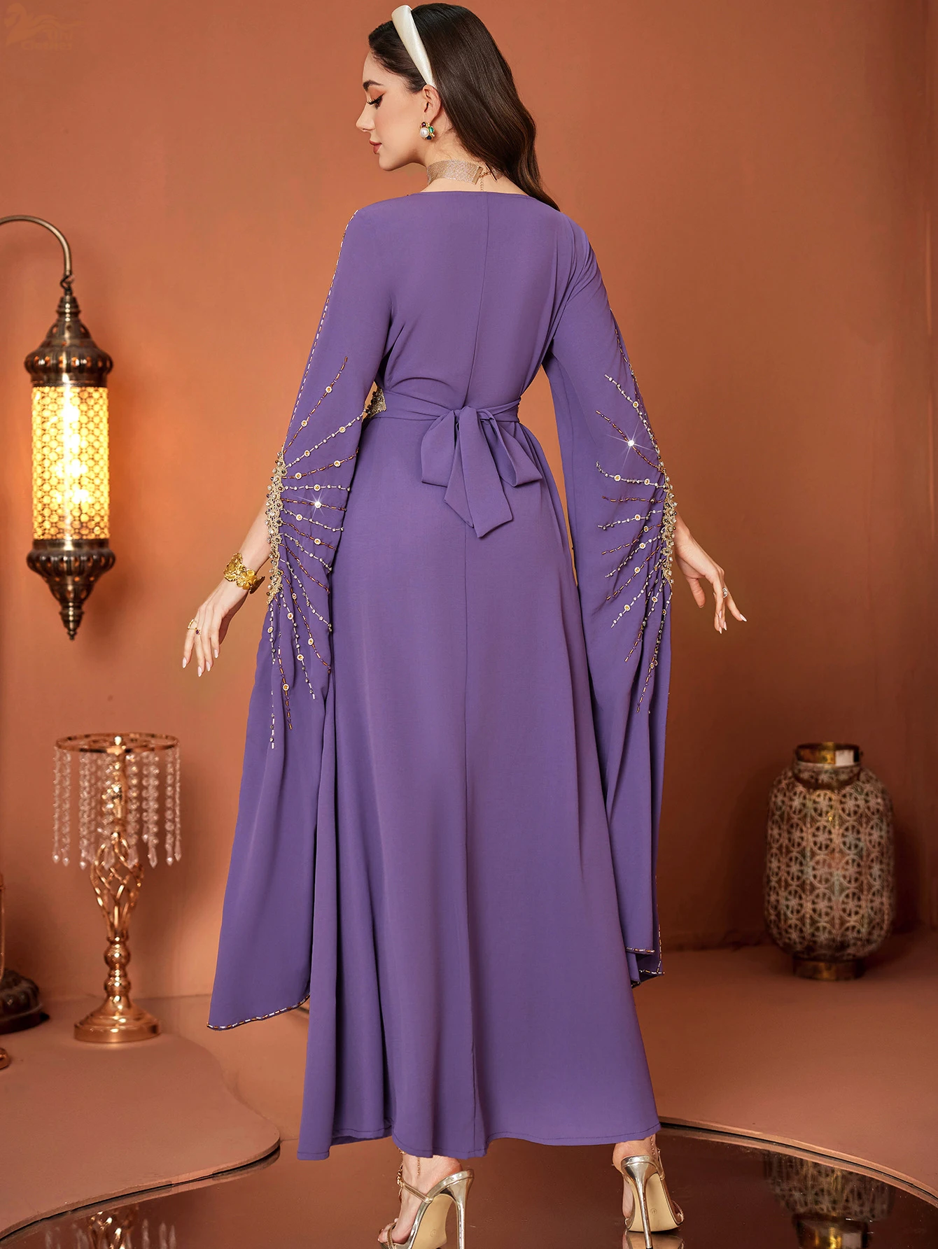 Luksusowa damska patchworkowa koronkowa haftowana abaja z bardzo długim rękawem, muzułmańska damska kaftanowa sukienka maxi na wieczorne przyjęcie w Dubaju, Eid.