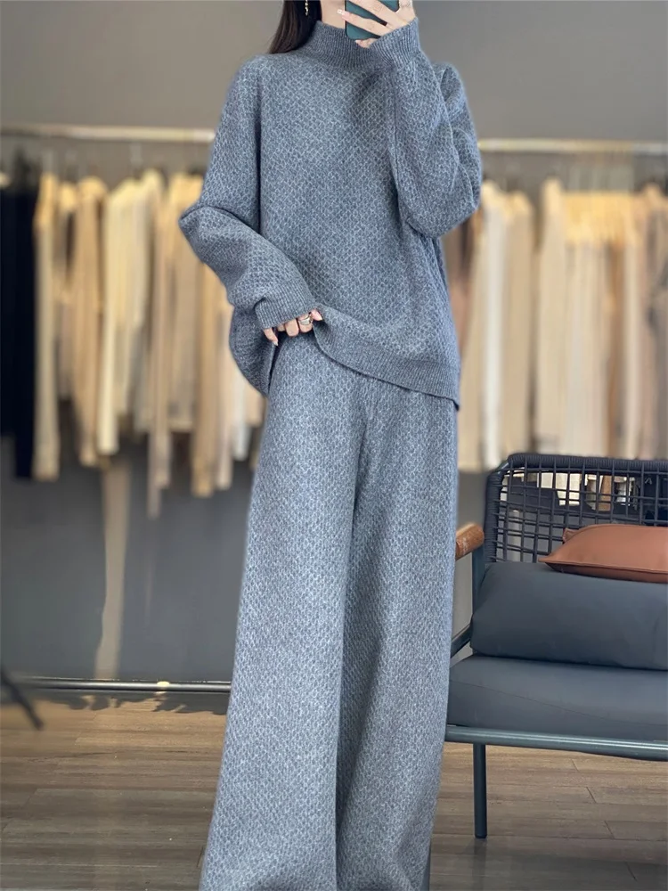 Women's Matching Set 100% Merino Wool High Neck Sweater Casual Solid Color Knitted Pants 2-Piece Set Loose Women's Clothing