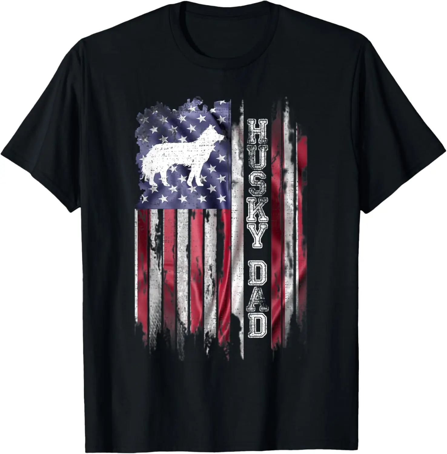 

Husky Dad American Flag Distressed Graphic Tee Men's Patriotic Dog Lover T-Shirt