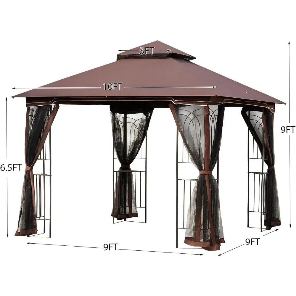 Gazebo exterior 10x10 para patios, dosel doble impermeable con tapa blanda, tienda de campaña con red para fiesta, patio trasero