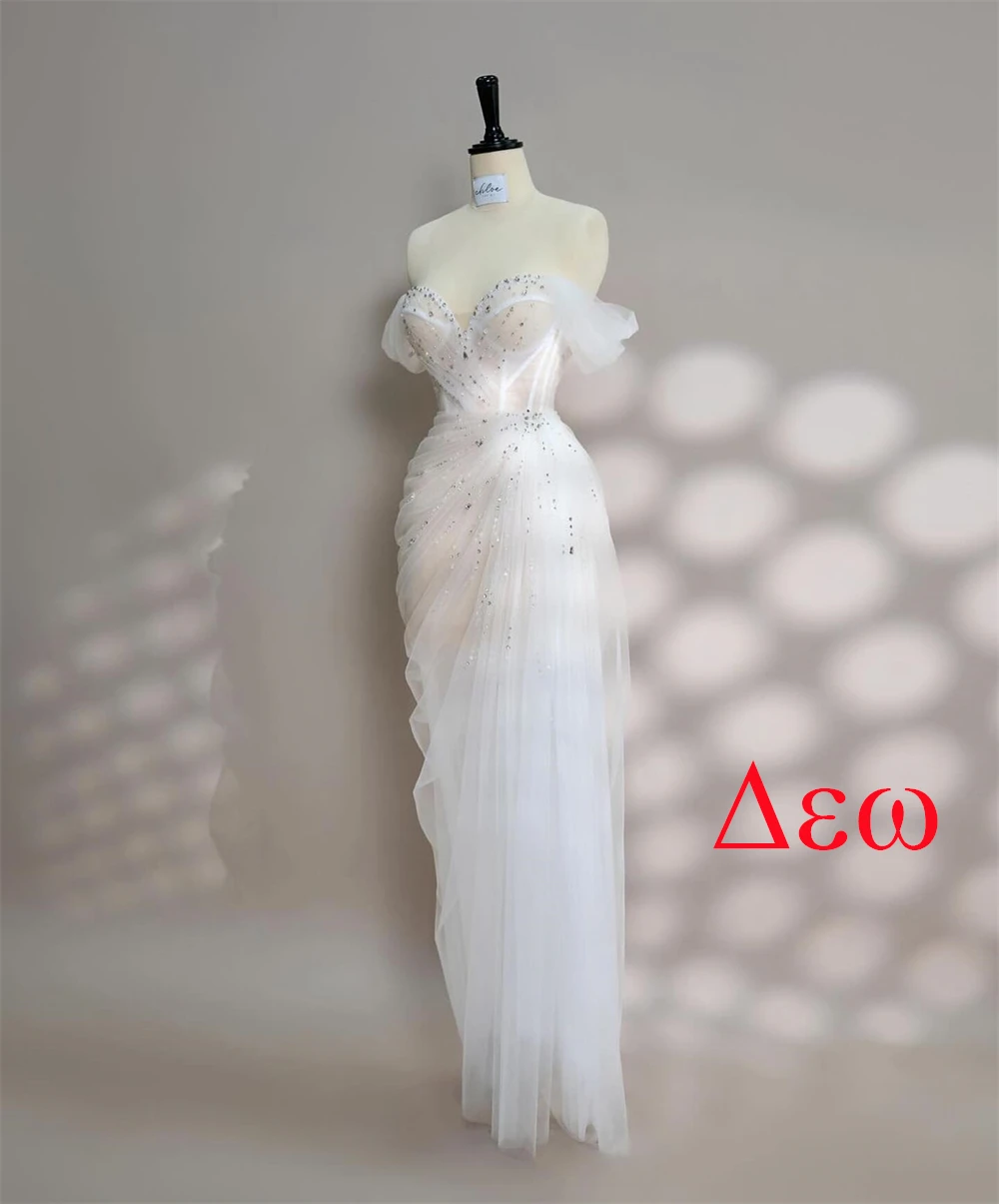 カスタマイズされた高級ホワイトオーガンザスパンコールのウェディングドレス絶妙なストラップレスオフショルダー半袖背中の開いたブライダルドレス