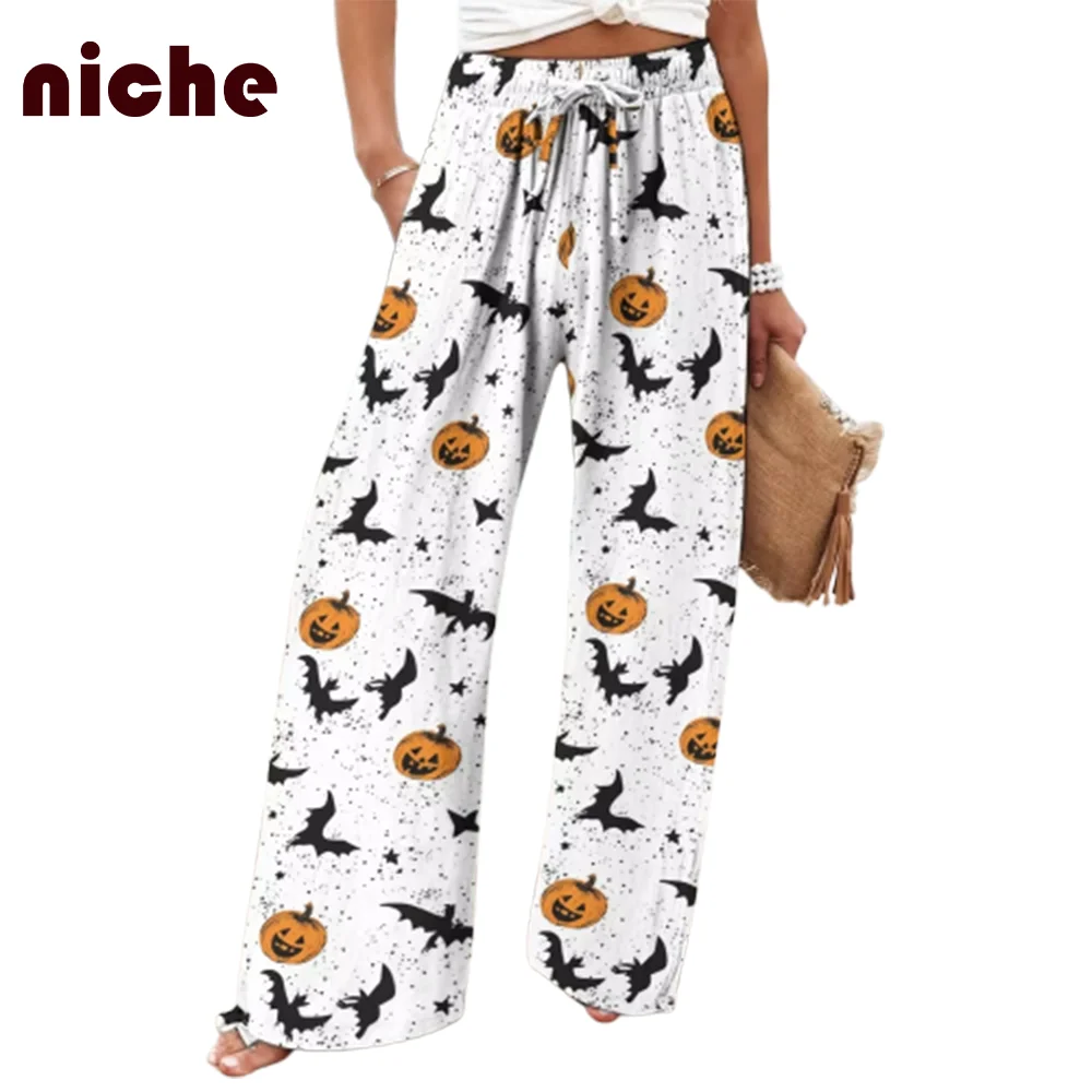 Halloween Style Ladies Slacks Pumpkin Ghost Graphic Printing High Quality Fabric Soft Trend Designer New Chic Wide Leg Trousers