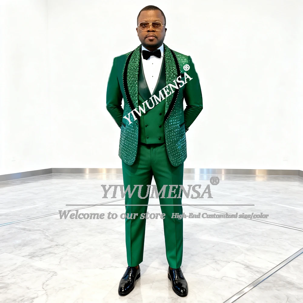 Exclusive Beaded Crystals Suit Attire For Men Sparkling Sequins Label Prom Blazers Customized 3 Pieces Sets Groom Wedding Tuxedo