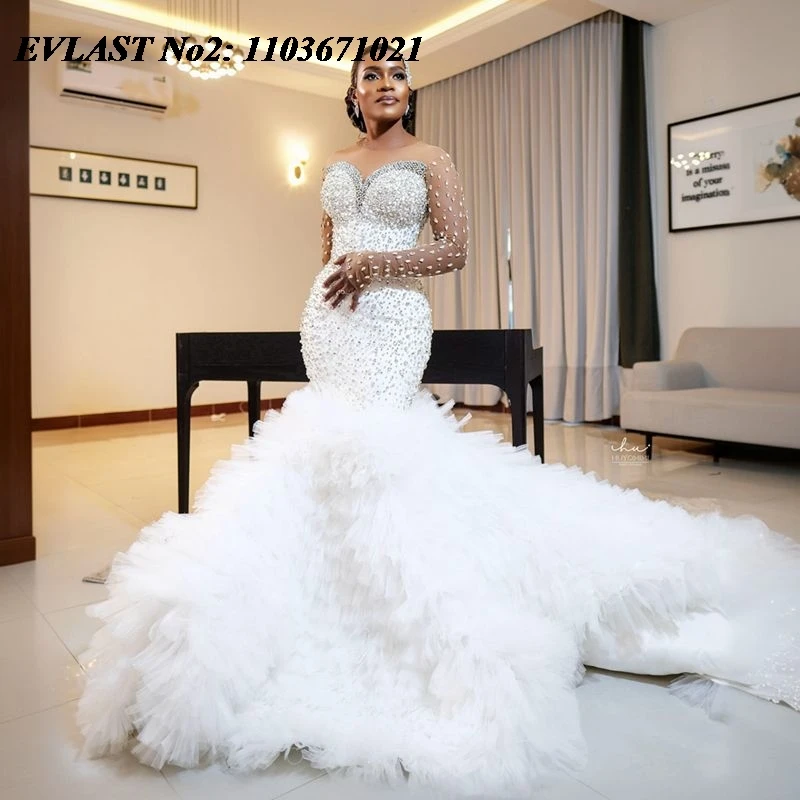 

EVLAST свадебное платье по индивидуальному заказу для невесты, русалка с длинным рукавом, расшитое бисером и стразами, свадебное платье в африканском стиле, женское платье De Mariee MD35