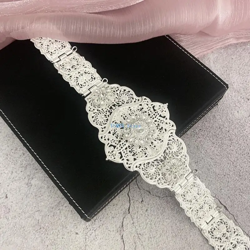 D0UD حزام الزفاف العرقي مع زخارف الكريستال زي الزفاف التقليدي نحت زهرة حزام الخصر مجوهرات مشد الحفلات
