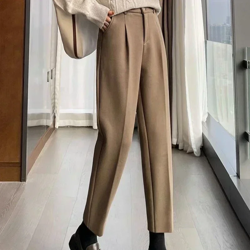 Chic Woolen Pants Women\'s Harem Pencil Pants 2024 Fall Winter High Waisted Casual Thick Suit Pants Office Lady Women Trousers