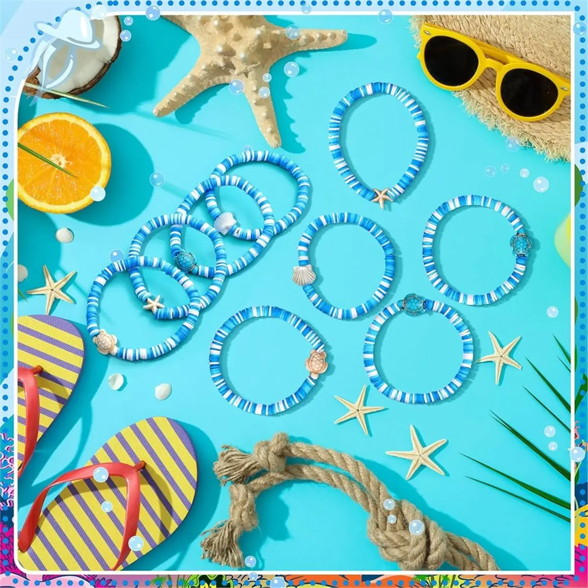 24 Pcs Under the Sea Party Favors Ocean Polymer Clay Beaded Bracelets Bulk, for Summer Beach Party Supplies