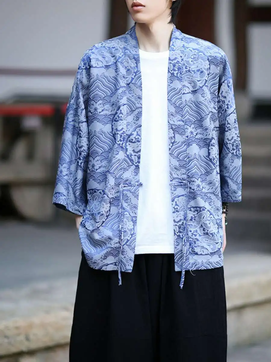 

Новый летний мужской кардиган-ханьфу из ледяного шелка с узором дракона, открытое пальто-роба в стиле дзен, даосский плащ, повседневный, больших размеров, полиэстер