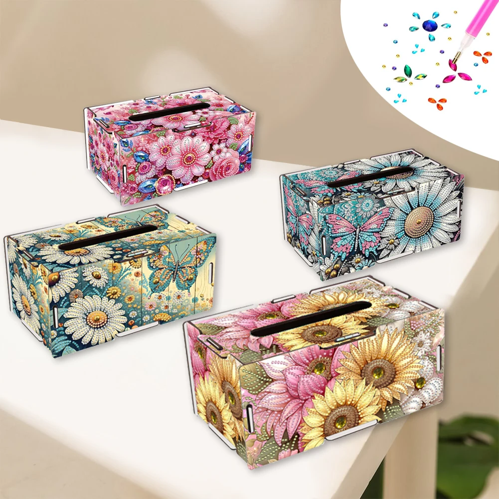 1 DIY Floral Pattern Diamond Painting Art Set, Irregularly Shaped Diamonds, Portable Tissue Box for Living Room Decoration