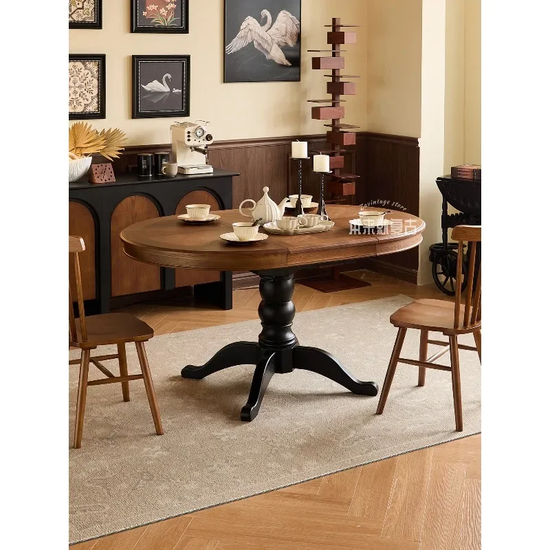 Retro/medieval solid wood retractable round table, dining table household small apartment French folding round dining table