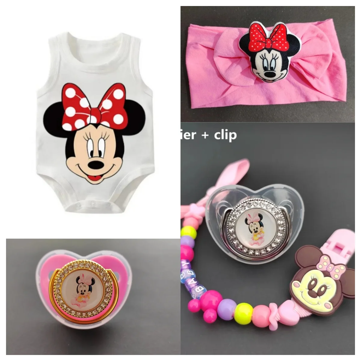 

[Minnie Mouse Kawaii Set] Baby shoot props Baby pacifier and clip Baby headband and crawl suit Baby shower gift Teeth Free BPA